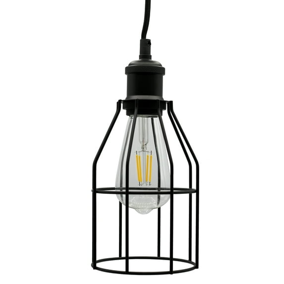 Industrial Hanging Pendant Light with Plug in Cord, Vintage Wire Cage Lamp for Kitchen Island Dining Room Farmhouse, 15 Cord with On Off Switch (Matte Black)