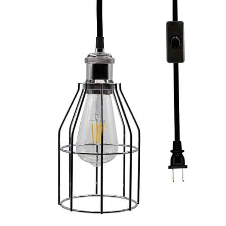Industrial Hanging Pendant Light with Plug in Cord, Vintage Wire Cage Lamp for Kitchen Island Dining Room Farmhouse, 15 Cord with On Off Switch (Silver)