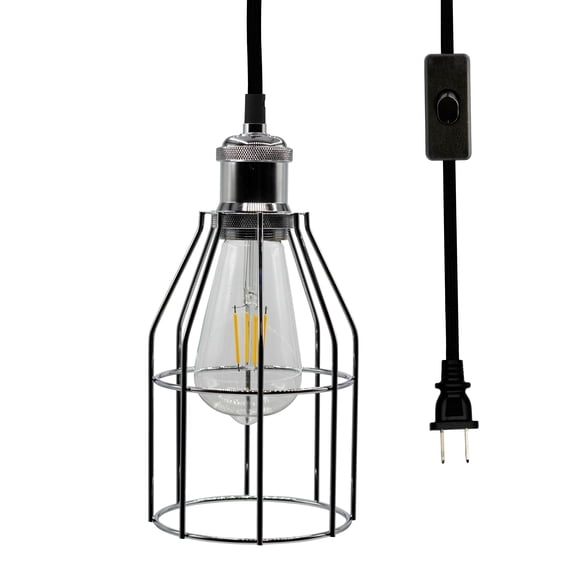Industrial Hanging Pendant Light with Plug in Cord, Vintage Wire Cage Lamp for Kitchen Island Dining Room Farmhouse, 15 Cord with On Off Switch (Silver)