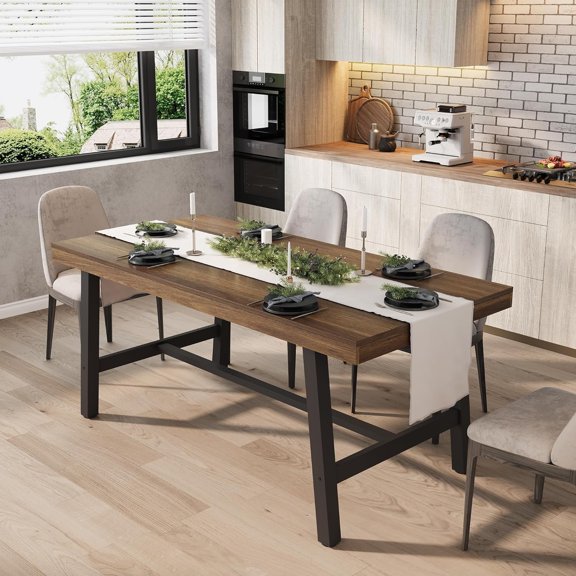 Industrial Home Dining Table for 4-6 People, 63" Long Wooden Kitchen Table with Sturdy Metal Frame & Natural Wood Finish - Seats 4 Rectangular Counter for Dinner, Kitchen, Dining Room