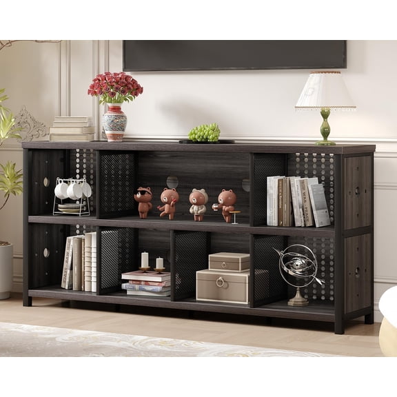 Industrial Horizontal Bookcase, Rustic Wood 4 5 6 7 8 Cube Bookshelf, Modern Wide Long Low Book Shelf, Vintage Large Open Cube Storage Organizer for Office Bedroom Living Room, Dark Gray Oak 63 In