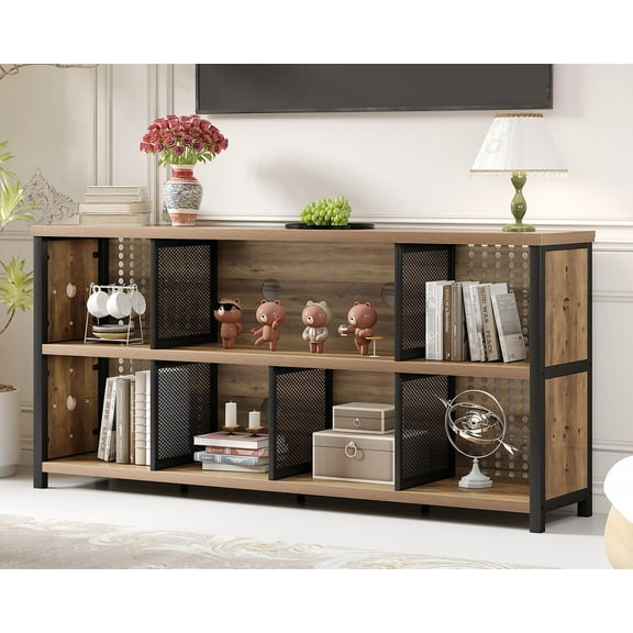 Industrial Horizontal Bookshelf, 4 5 6 7 8 Cube Storage Organizer Bookcase, Modern Wide Large Book Shelf for Bedroom Living Room, Rustic Low Long Wood Metal Office Cubby Shelf, Rustic Oak, 63 Inch