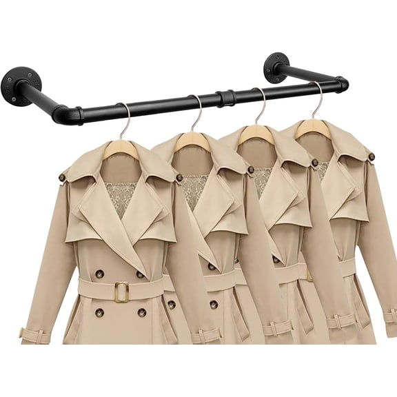 Industrial Iron Pipe Clothes Hanging Bar DIY Wall-Mounted Garment Rack Heavy Duty Clothing Rack for Bedroom, Laundry Room, Closet Storage (Black)