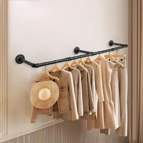 Industrial Iron Pipe Clothes Hanging Bar  Wall-Mounted Garment Rack Heavy Duty Clothing Rack for Bedroom, Laundry Room, Closet Storage (Black 50 inch)