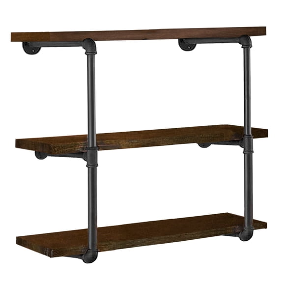 Industrial Iron Pipe Shelf Frame Set, 2 Pack 3-Tier Wall Mounted, Planks Not Included, Rustic Black Metal