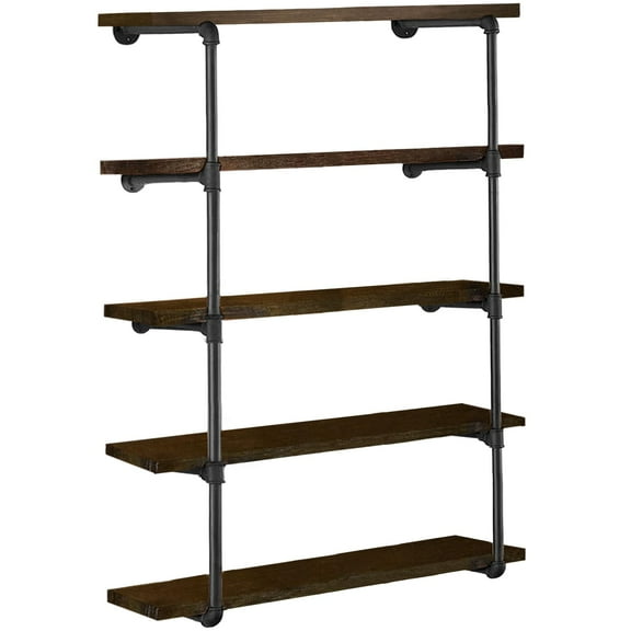 Industrial Iron Pipe Shelf Frame Set, 2 Pack 5-Tier Wall Mounted, Planks Not Included, Rustic Black Metal