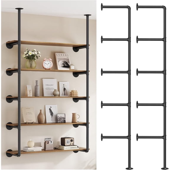 Industrial Iron Pipe Shelf Wall Mount 5 Tier Farmhouse DIY Open Bookshelf Pipe Shelves for Kitchen Bathroom Bookcases Living Room Storage(2Pack of 5 Tier, 68" Tall,12" deep,Hardware Only)