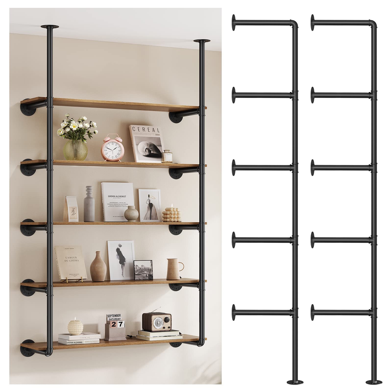 Industrial Iron Pipe Shelf Wall Mount, Farmhouse DIY Open Bookshelf