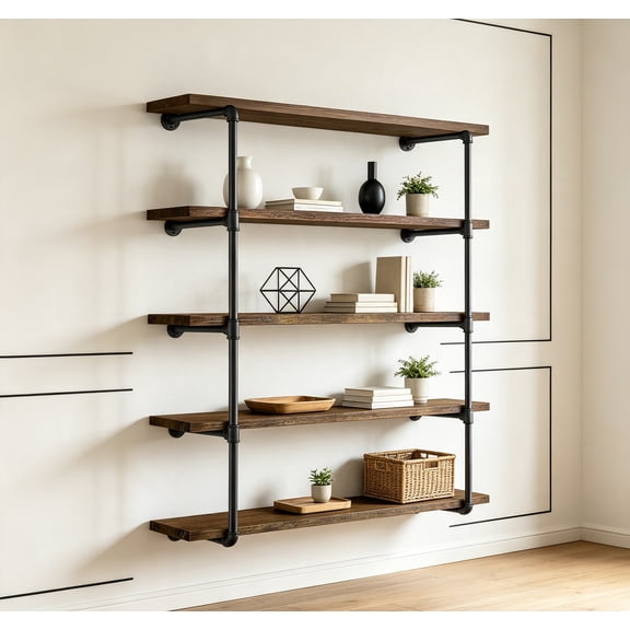Industrial Iron Pipe Shelves, Set of 2, 5-Tier, 55" Tall, 12" Depth, DIY Open Bookshelf, Wall Mounted Vintage Retro Shelving, Rustic Farmhouse Kitchen Storage, Black