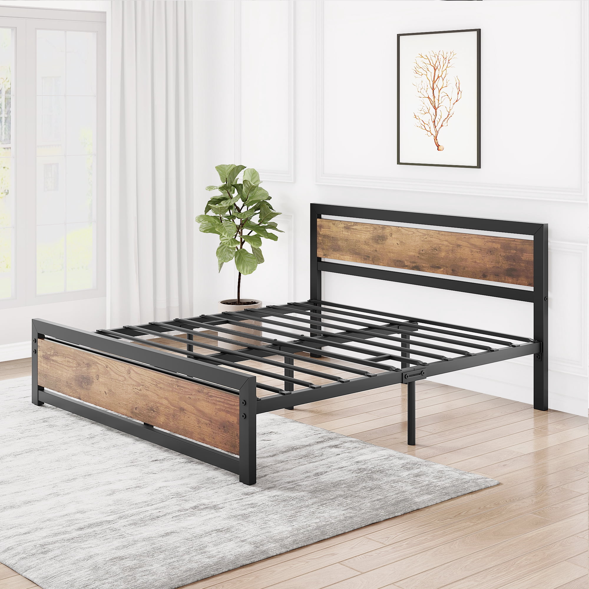 Industrial King Size Platform Bed Frame with Rustic Wooden Headboard – 14 Inch Heavy Duty Metal Support, Large Underbed Storage, Easy Assembly, Noise-Free, No Box Spring Needed King bed