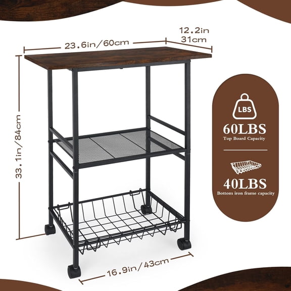 Industrial Kitchen Cart with Rustic Wood Top, Rolling Storage Utility Table, Black Metal Frame, Mesh Basket, Mobile Workstation with Wheels (23.6" D x 12.2" W x 33.1" H)