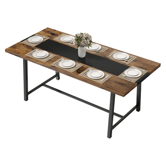 Industrial Kitchen Table for 8, 70.9" Dining Table with Steel Legs, Large Rectangular Tabletop for Dining Room, Rustic Brown