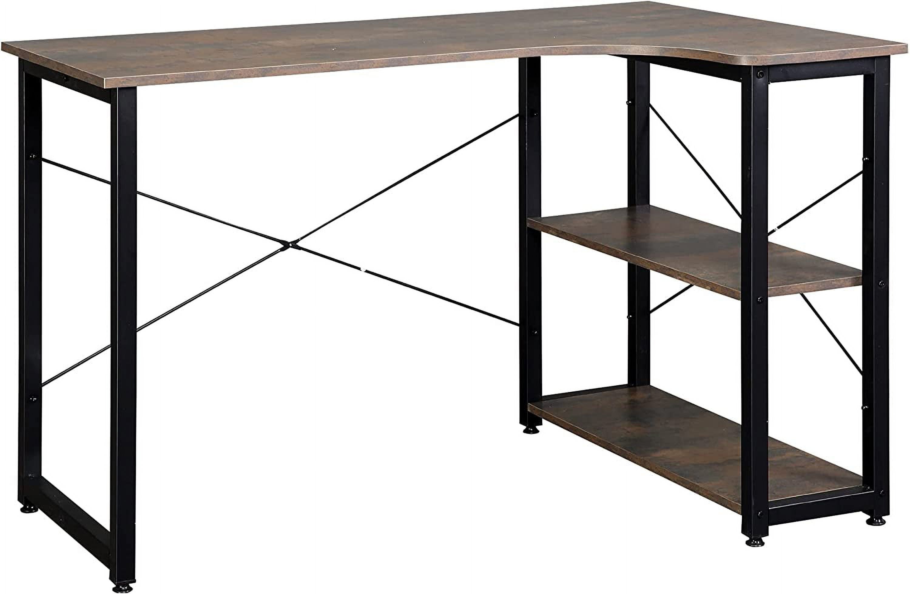 Industrial LShaped Computer Desk with 2 Side Shelves and Steel Frame