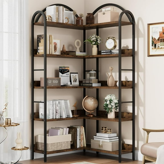 Industrial L-Shaped Corner Bookshelf, 5-Tier Arched Metal Frame Bookcase 68.5" Tall Large Corner Display Shelf for Living Room Bedroom, Brown