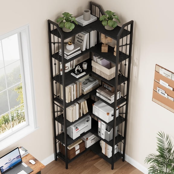 Industrial L-Shaped Corner Bookshelf – 86" Tall 7-Tier Bookcase, Arched Beaded Detail, Large Space-Saving Display Rack for Living Room, Bedroom, Home Office – Black + Black Embossed, 7th Floor