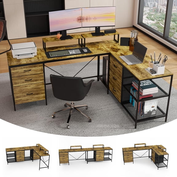 Industrial L-Shaped Desk, Computer Desk with 6 Fabric Drawers and 3 Open Shelves, Heavy-Duty Steel Frame Corner Desk for Home Office or Gaming, 114 Inch Wide Workspace, Rustic Brown Finish