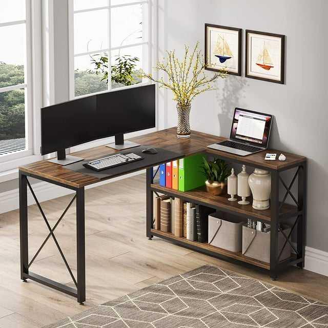 Industrial L-Shaped Desk with Storage Shelves, Corner Computer Desk PC ...