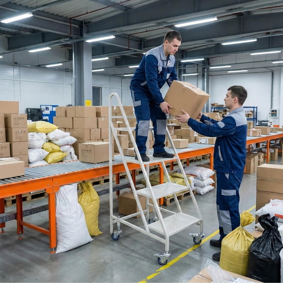 Industrial Ladder 4 Step Rolling, Heavy Duty Warehouse Stair Ladder with Handrails and Locking Casters, 661 LBS