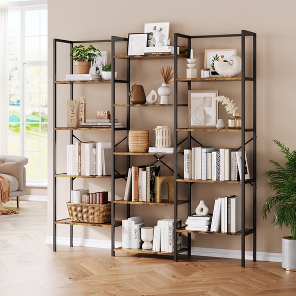 Industrial Large Bookcase,Triple 5 Tier Book Shelf with Open Display Shelves,Large Wide Bookshelf,Tall Bookshelfwith Metal Frame for Living Room, Office, Rustic Brown