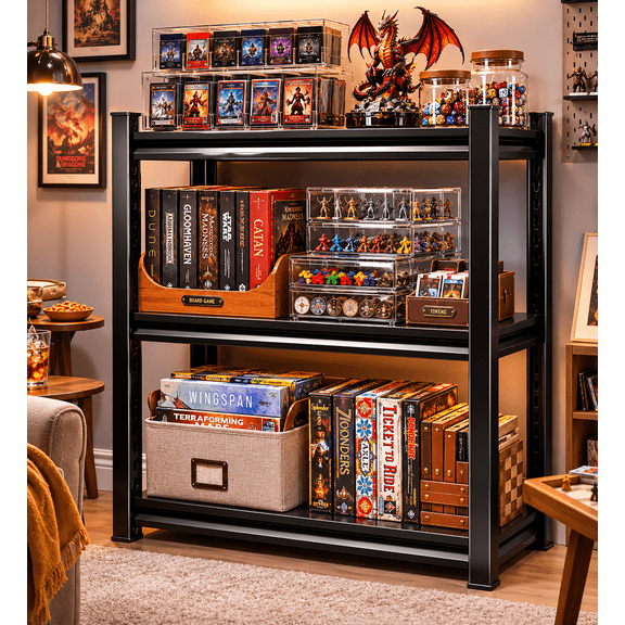Industrial Long Adjustable Bookcase, 31.5"H Slim Display Shelves, Black Metal Shelving Rack, 1000lb Capacity Side Table for Long Narrow Kitchen Spaces