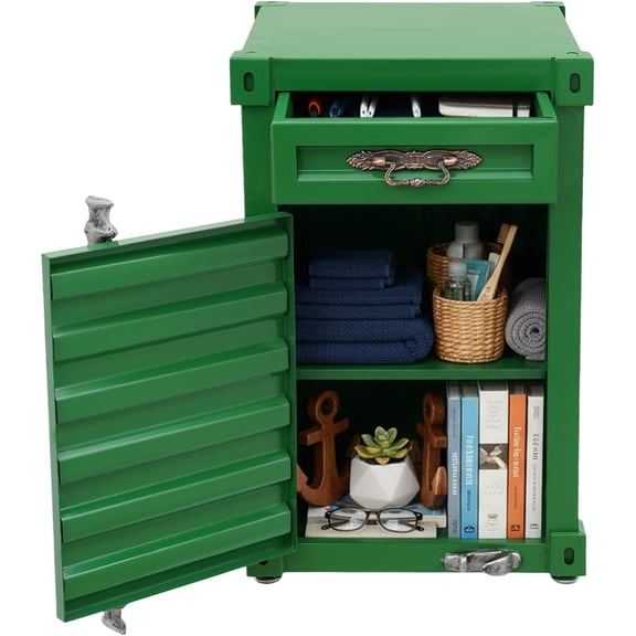 Industrial Metal 3-Tier Side Table with Drawers, Container-Style Locker Cabinet for Bedroom, Bar or Garage (Green)