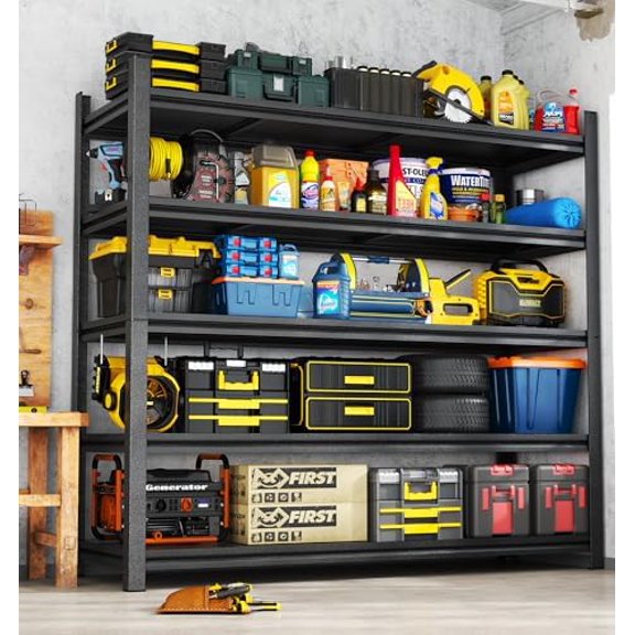 Industrial Metal Adjustable Storage Shelving UnitsHeavy Duty Steel Shelves for Garage, Basement, Shed & Kitchen - Standing Organizer Shelf with Black Finish - Tool Pantry Utility Storage Solution