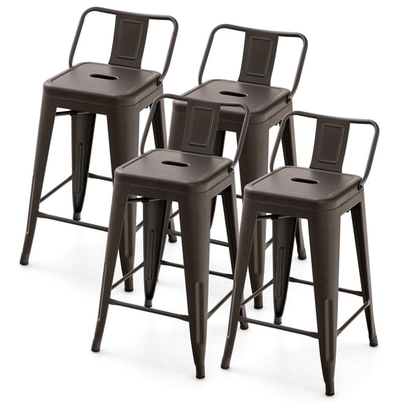 Industrial Metal Bar Stools 4 Pack, Adjustable Back Support, 30'' Tall Stools for Home Kitchen Cafe Restaurant, Sturdy Rubber Feet, Brown