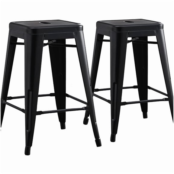 Industrial Metal Bar Stools Set of 2, 24 Inch Counter Stool No Assembly, Backless Stool with Non-Slip Feet, Matte Black