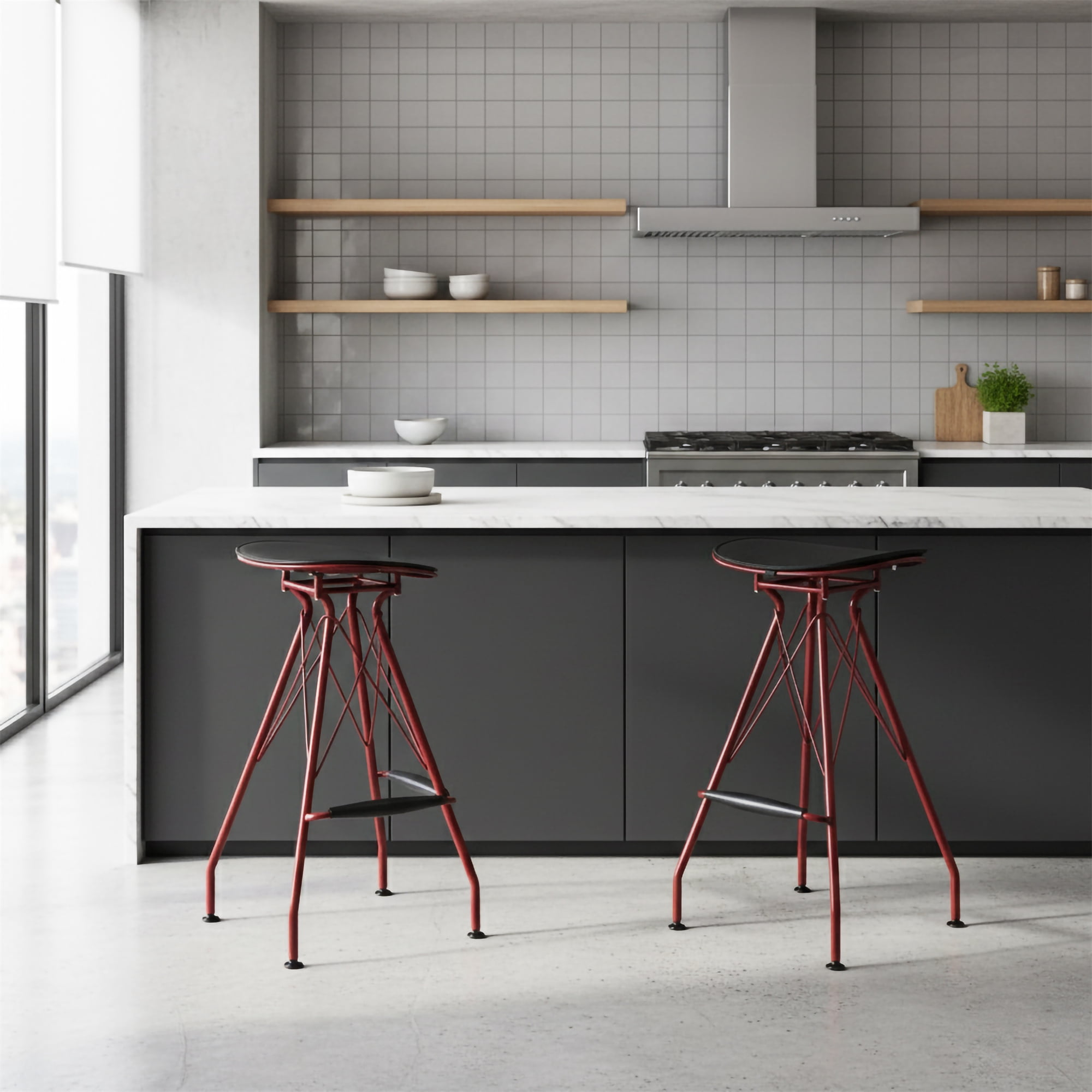Industrial Metal Barstool with Faux Leather Seat Pad and Wood Accented Foot Rest, 30 Inch Seat Height, Dark Red, Set of 2