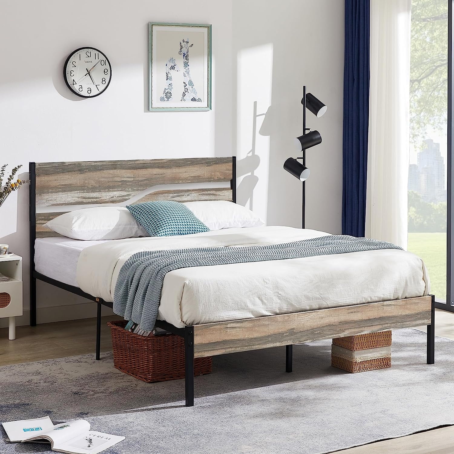 Full Slate Industrial Metal Bed Frame with Wood Headboard