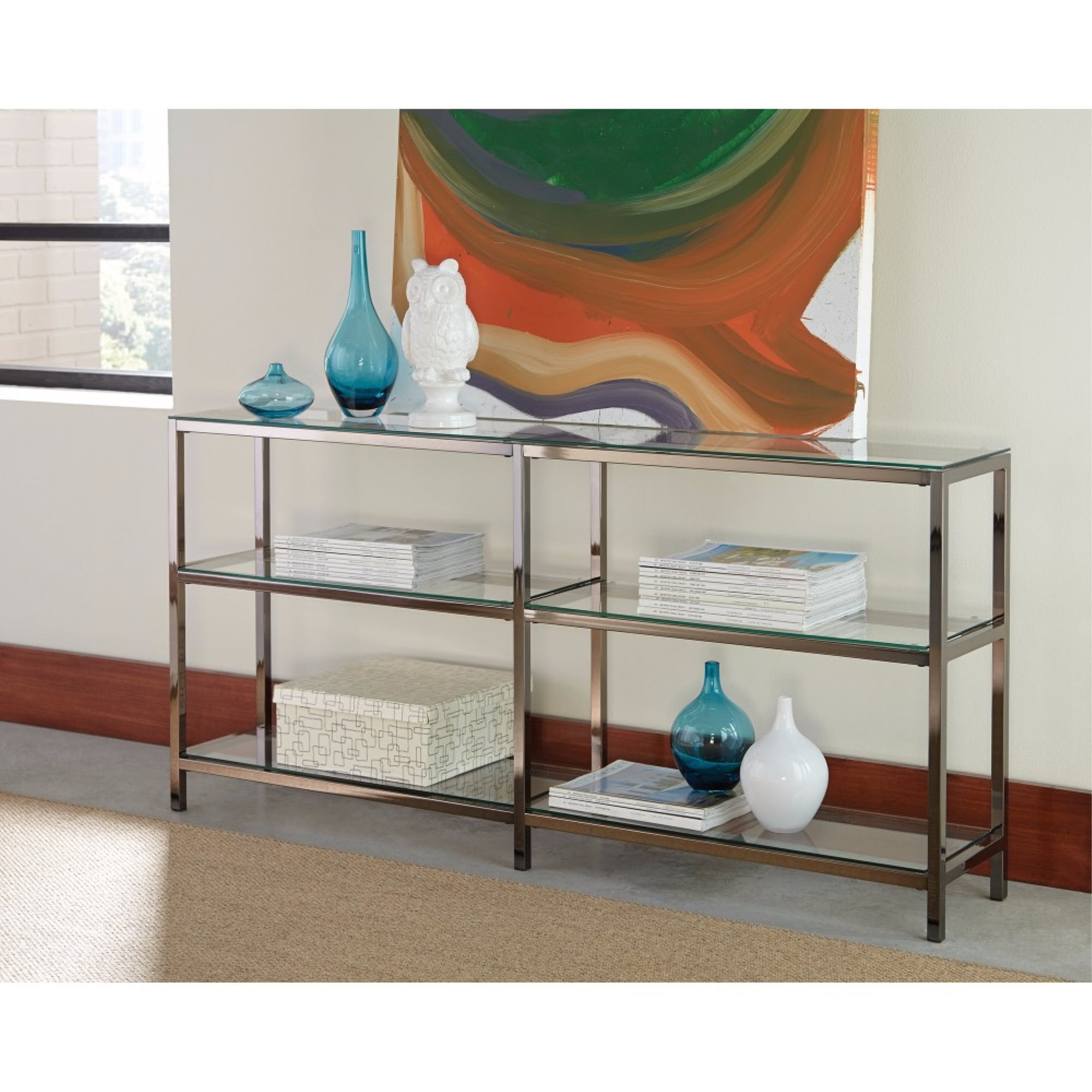 Chic Black Industrial Metal and Glass Curved Bookcase