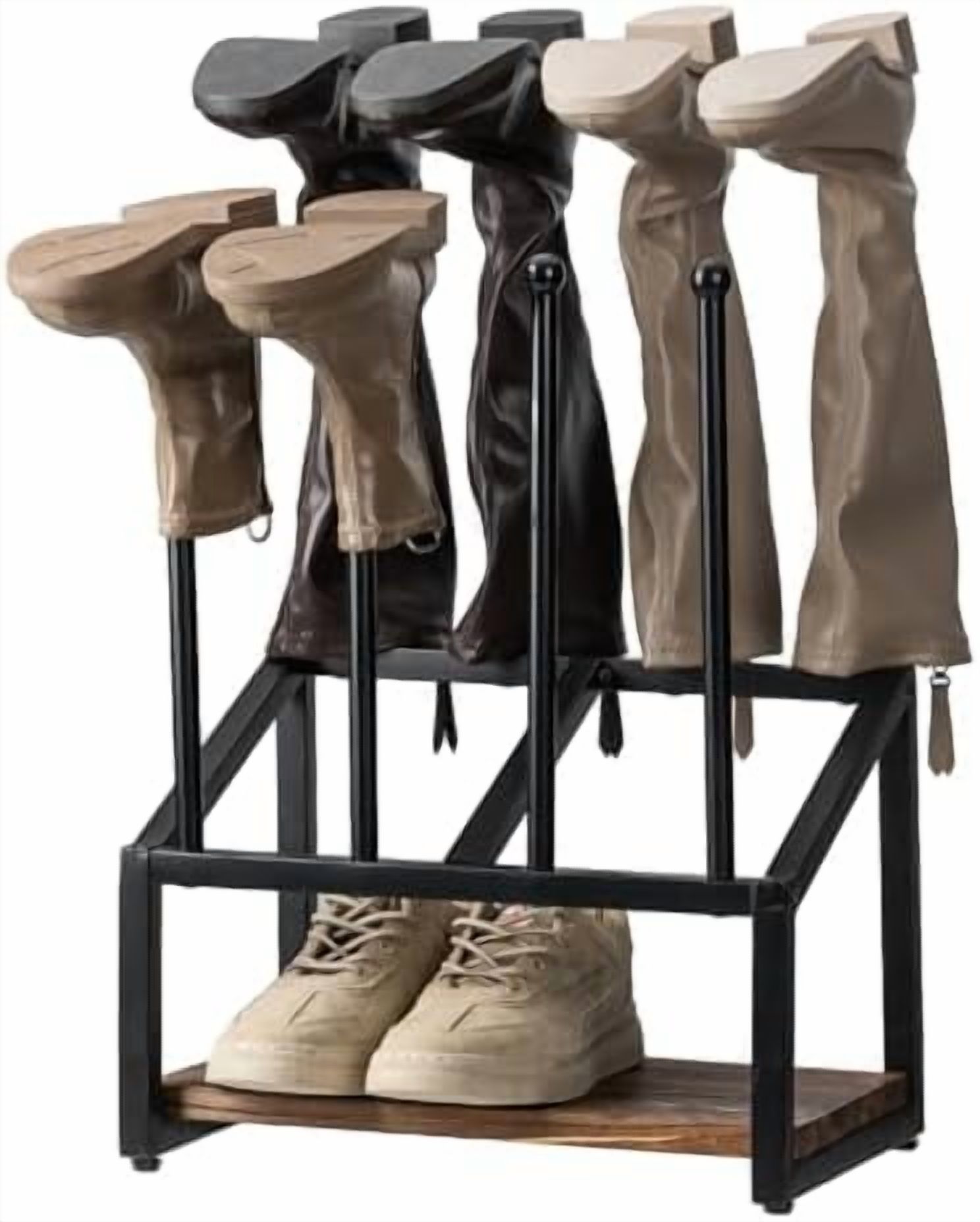 Mesh Boot Rack Industrial Metal & Burnt Wood 4-Pair Boot Rack with Shoe Shelf ...