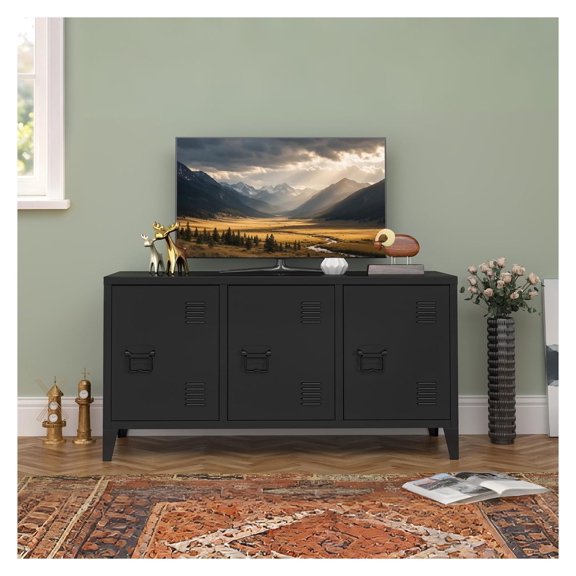 Industrial Metal Cabinet with Doors and Shelf, 2 Tier Steel Storage Unit TV Stand Console for Living Room Bedroom Home Office, Black Low Locker with 4 Detachable Legs, Fits 55 Inch TV