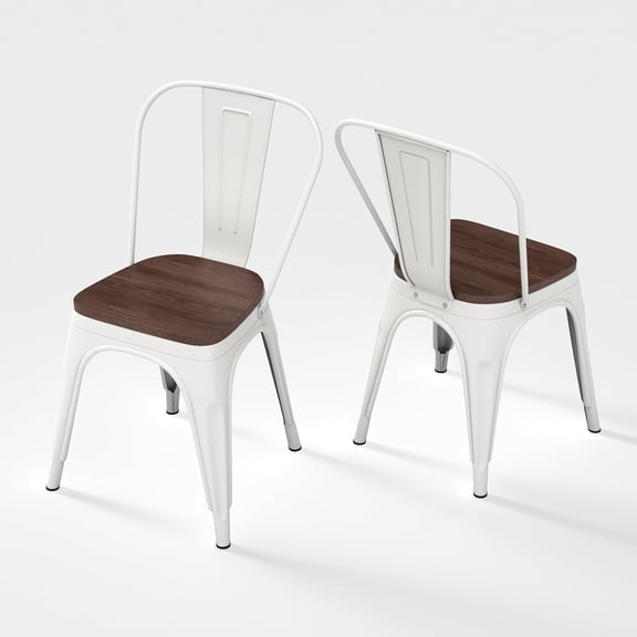 Industrial Metal Chairs Set of 2, Dining Side Chairs with Back for Kitchen, Cafe, Restaurant, Vintage Stackable Indoor Outdoor Use with High Backrest and Wood Seat