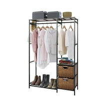 Industrial Metal Clothing Rack with Solid Wood Shelves, Heavy Duty Freestanding Garment Organizer, 2 Wicker Drawers & 4 Hooks, Space-Saving Closet Storage for Small Spaces, Brown