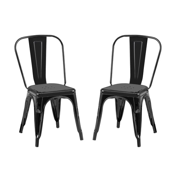 Industrial Metal Indoor-Outdoor Chairs Sanded Matte Style Kitchen Dining Chairs Stackable Side Chair with Back Set of 2 (High Gloss Black)