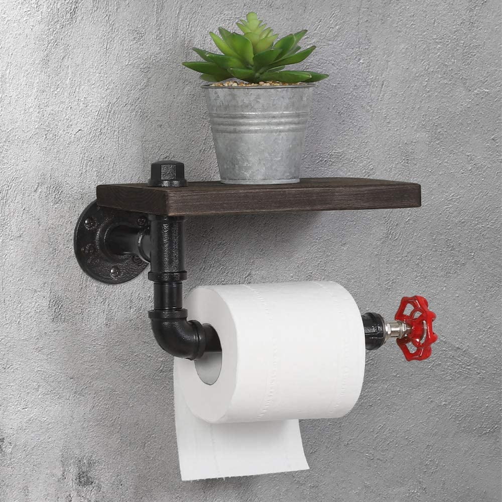 Rustic Industrial Toilet Paper Holder With Shelf, Wall Mounted TP With Shelf,  Bathroom Storage, Bathroom Decor, Pipe Holder, Wood, Shelves 