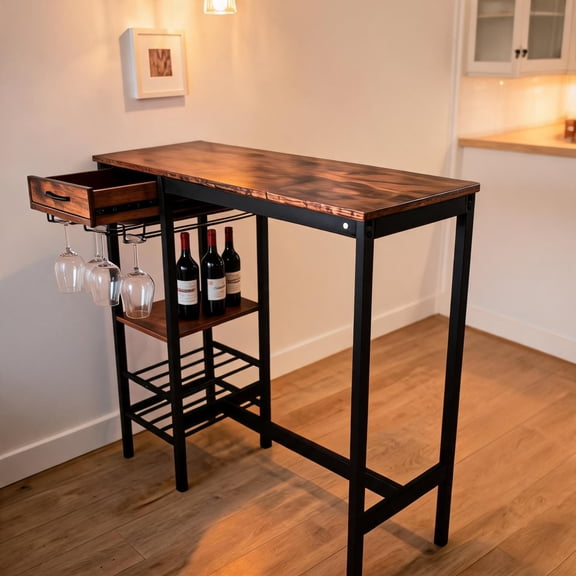 Industrial Metal & Wood Bar Table with Wine Bottle Holder & Glass Rack – Counter Height Bistro Table for Kitchen, Dining Room, Living Room – Vintage Brown, 100x40x90cm