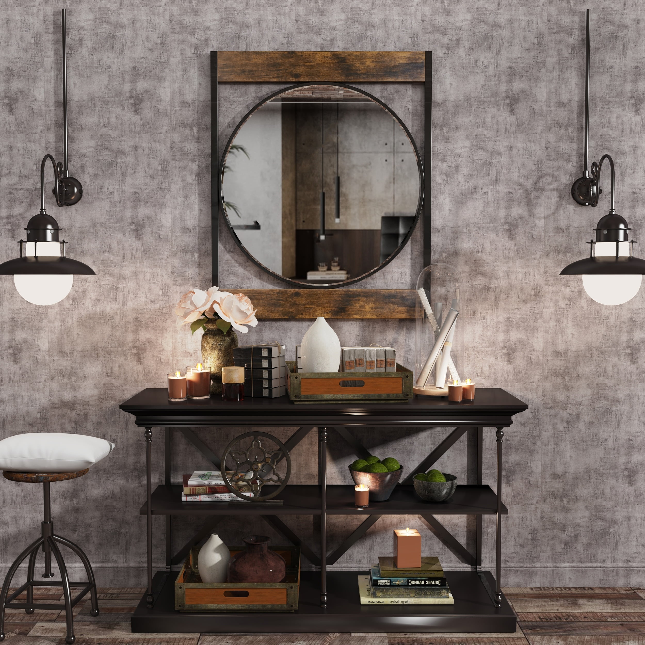 Industrial Metal Wood Frame Wall Mirror