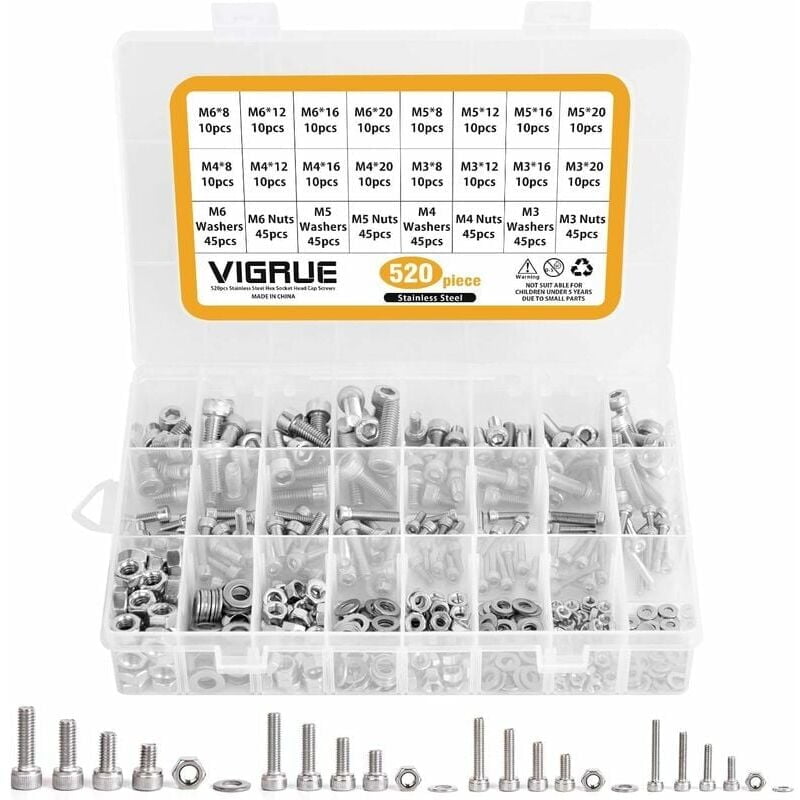 Industrial Metric Fasteners, Stainless Steel Bolts And Nuts Assortment Kit, Corrosion Resistance, For Electronics Water Systems Machinery Furniture, M3 To M6 Sizes Included