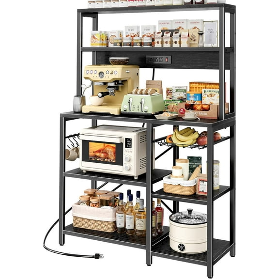 Industrial Microwave Kitchen Baker Rack – 5-Tier Metal Shelving Unit with Power Outlet and Utensil Hooks, Multi-Functional Storage Stand for Countertop Appliances, Cookbooks, and Pantry Items,Black