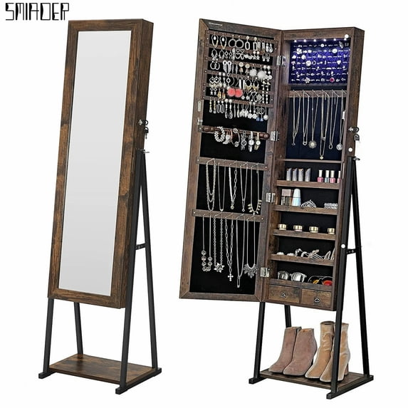 Industrial Mirror Jewelry Cabinet Armoire,6 LEDs Mirrored Jewelry Storage,Rustic Brown