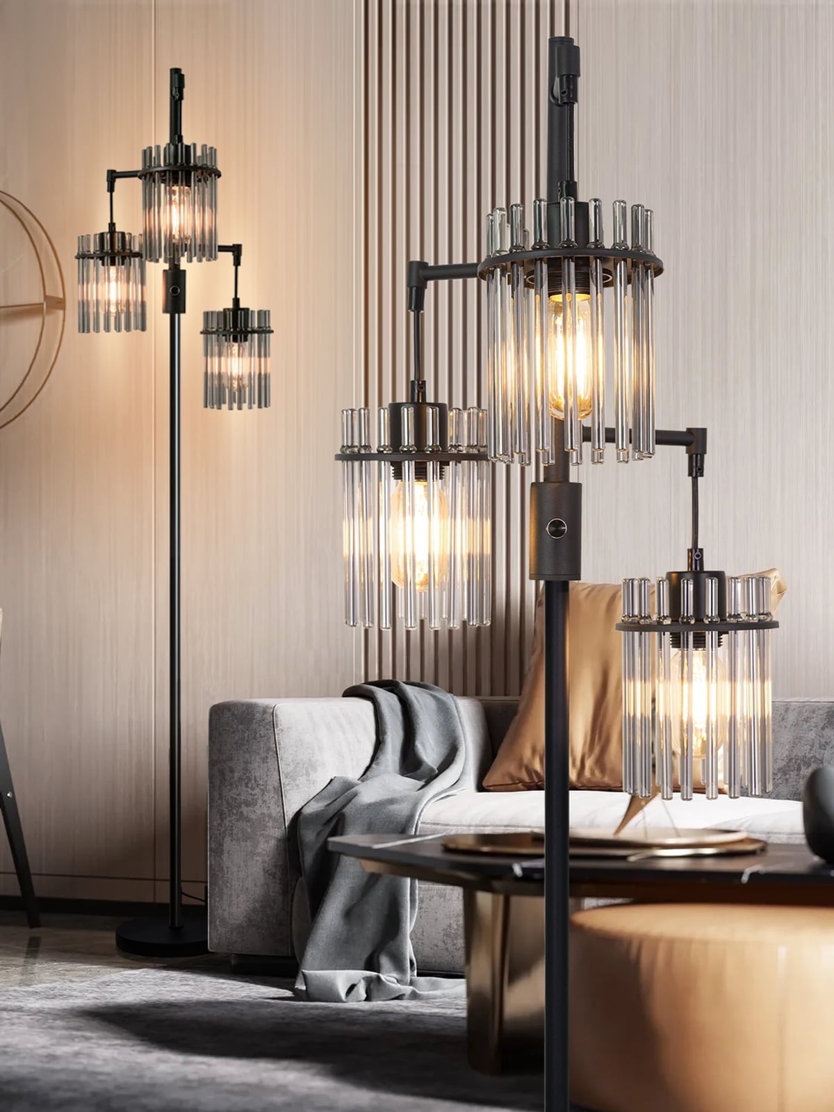 Industrial Modern Floor Lamps for Living Room, Dimmable Glass Tree Standing Tall Lamps with 3 Elegant Teardrop Cage Head & 800 Lumens LED Bulbs for Bedroom Office