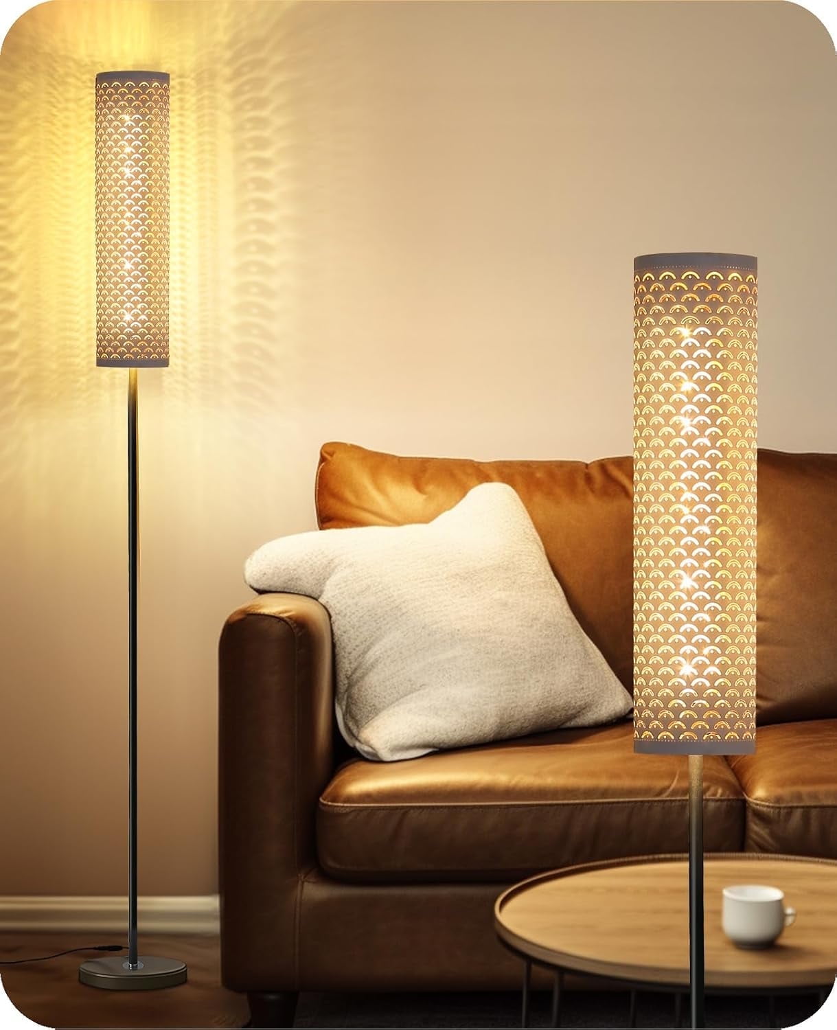 Industrial Modern Floor Lamps for Living Room, Dimmable Standing Tall Lamps Remote Control Custom Color Temperature & Brightness Lamp with Fabric Lampshade, Tall Lamps for Bedroom Office, White