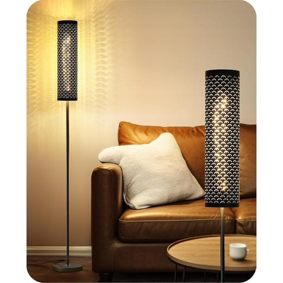 Industrial Modern Floor Lamps for Living Room, Dimmable Standing Tall Lamps Remote Control Custom Color Temperature & Brightness Lamp with Fabric Lampshade, Tall Lamps for Bedroom Office, Black