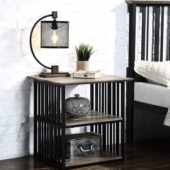 Industrial Modern Nightstand with Rustic Tabletop / Convenient for Bedroom Notebook Storage
