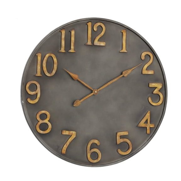 Industrial Modern Wall Clock, Pewter Grey Metal, Antique Gold Numerals, Quartz, 19.75 In