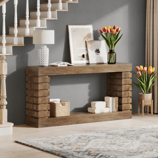 Industrial Multifunctional Accent Console Table - Vintage Brown 2-Tier Storage Shelves, Compact Narrow Design for Entryway, Hallway, Living Room