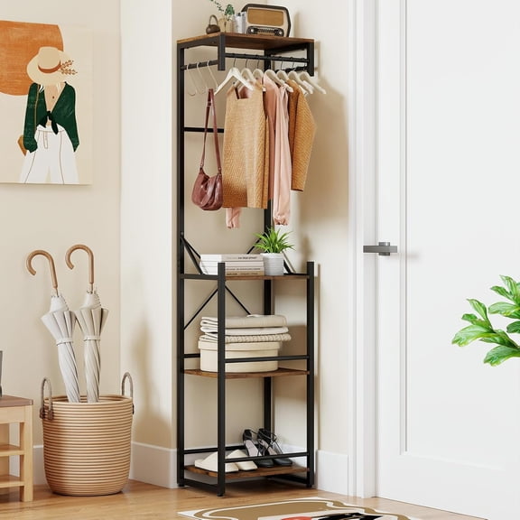 Industrial Narrow Coat Rack Hall Tree with 4 Shelves, 6 Hooks & 3 Hanging Rods, Freestanding
