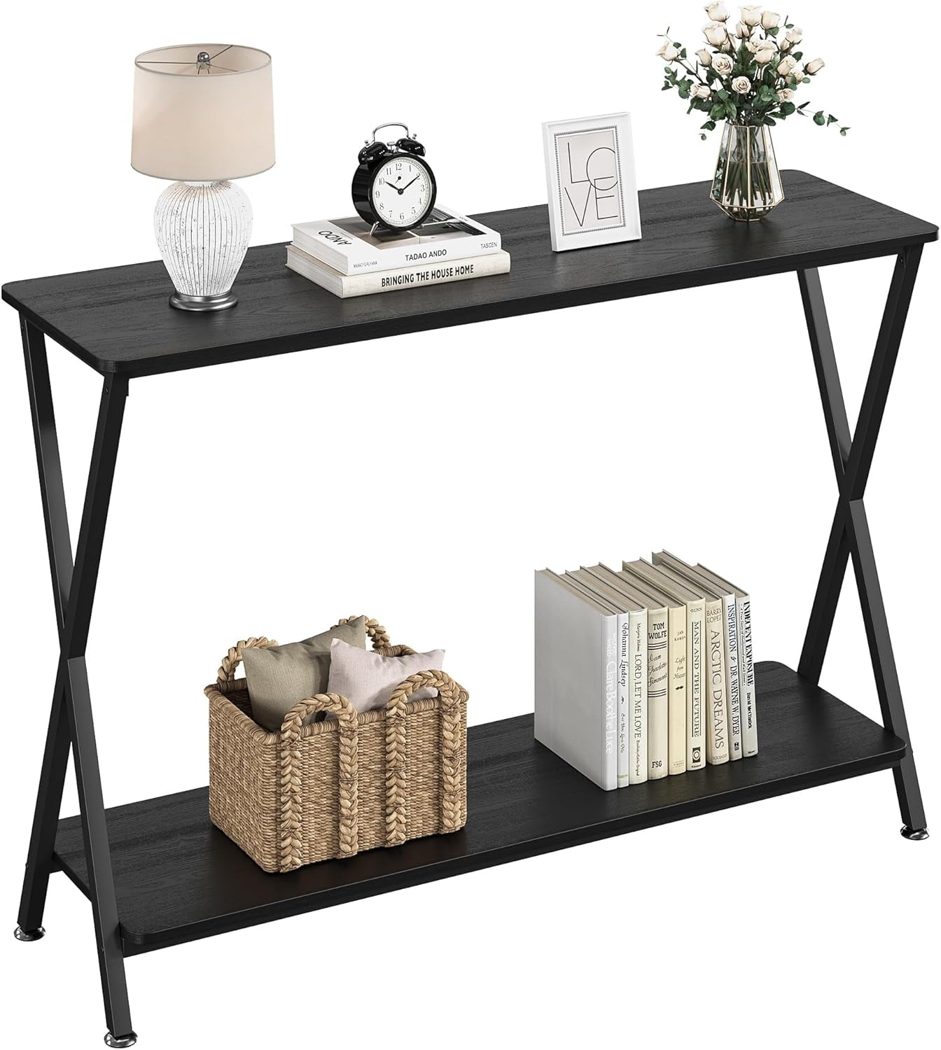 Table With Built In Outlet Industrial Narrow Console Table with Built-In Outlets, 2-Tier Entryway ...